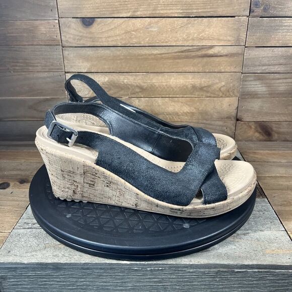 Crocs A-Leigh Sandals Women's Sz 9 Black Shimmer Suede Leather Slingback Wedges - Picture 1 of 11